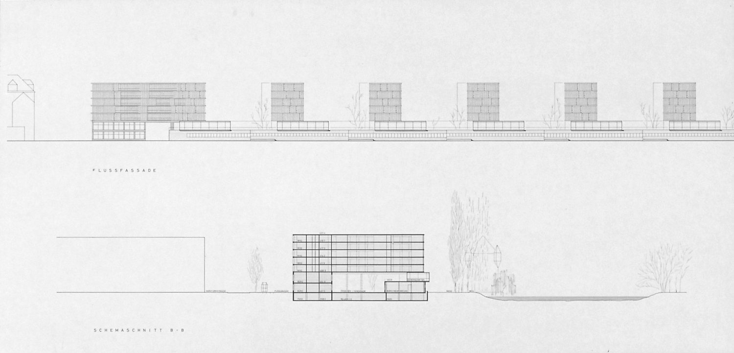 River facade / Schematic section B–B